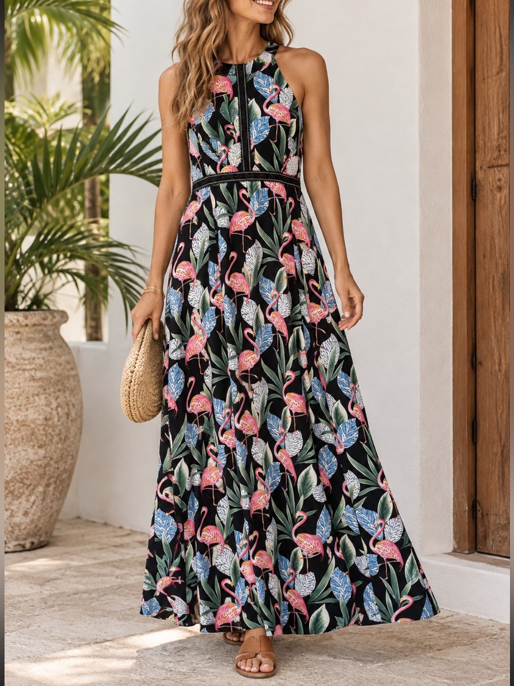 Julia Tropical Flamingo Halter Maxi Dress - Black
